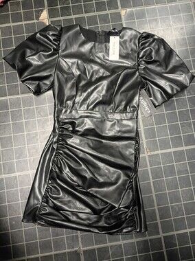 Black Faux Leather Puff Sleeve Ruched Mini Dress